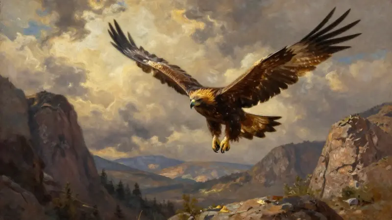 Águila dorada en pleno vuelo sobre un paisaje montañoso dramático con cielo nublado y luz de sol.