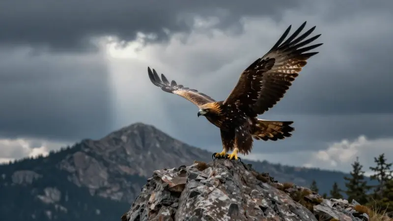 Águila dorada en vuelo sobre un paisaje montañoso y tormentoso, con rayos de luz atravesando las nubes grises.