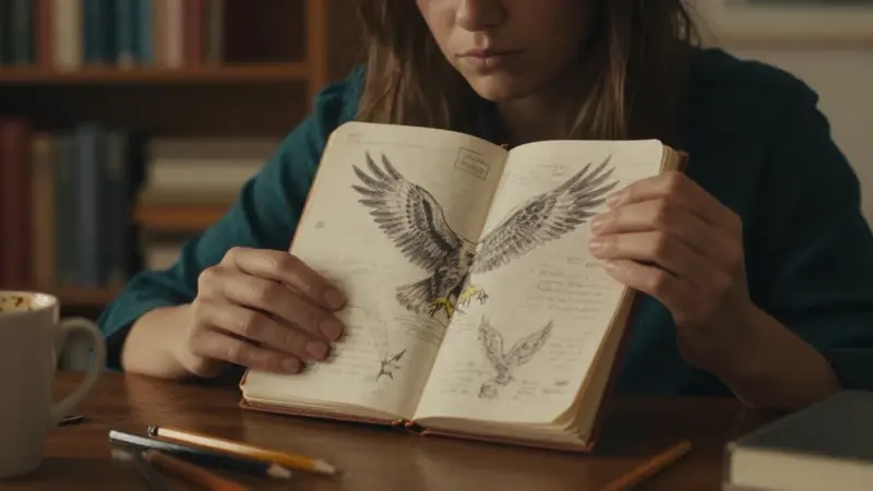 Manos arrugando una página de diario de sueños con bocetos de águilas, en un estudio lleno de libros y con luz tenue.