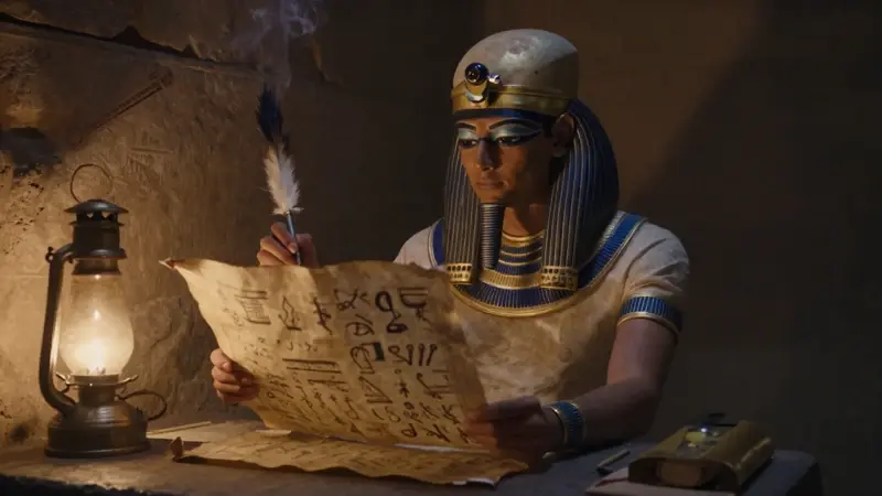 Escriba egipcio antiguo iluminando un rollo de papiro con símbolos oníricos en una cámara tenuemente iluminada.