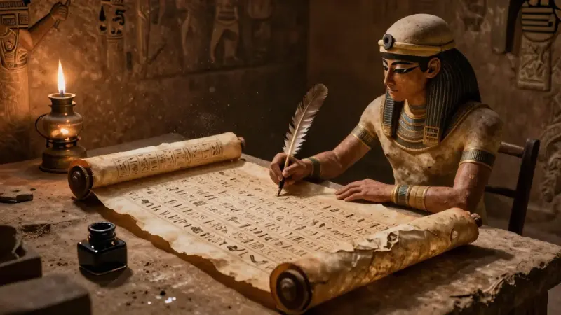 Escriba egipcio antiguo trabajando en un papiro con jeroglíficos a la luz de una lámpara de aceite.
