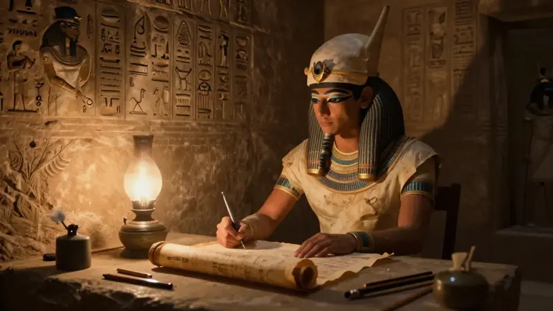 Escriba egipcio antiguo iluminando un papiro con una lámpara de aceite en un templo con paredes de piedra y jeroglíficos.