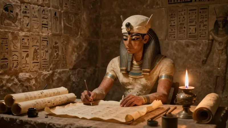 Escriba egipcio antiguo en un estudio tenuemente iluminado, rodeado de papiros y herramientas de estudio, investigando el significado de los sueños.