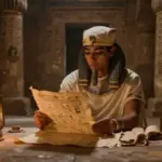 Escriba egipcio registrando sueños en papiro dentro de un templo tenuemente iluminado, rodeado de jeroglíficos.