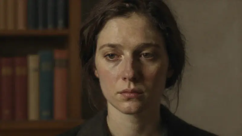 Retrato de una mujer pensativa en el consultorio de una psicóloga, con estanterías borrosas al fondo. La iluminación es tenue y cálida, creando una atmósfera contemplativa.