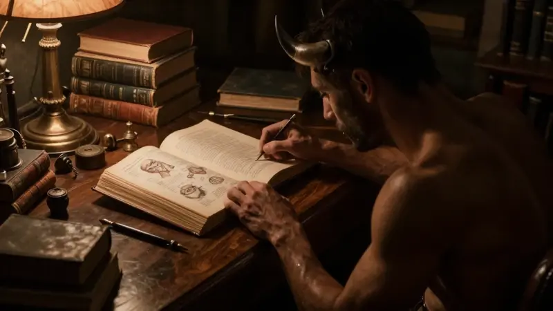 Silueta de un toro musculoso en un estudio oscuro lleno de libros antiguos y herramientas de escritura, con un libro de psicología abierto mostrando dibujos anatómicos. Ambiente introspectivo y melancólico.