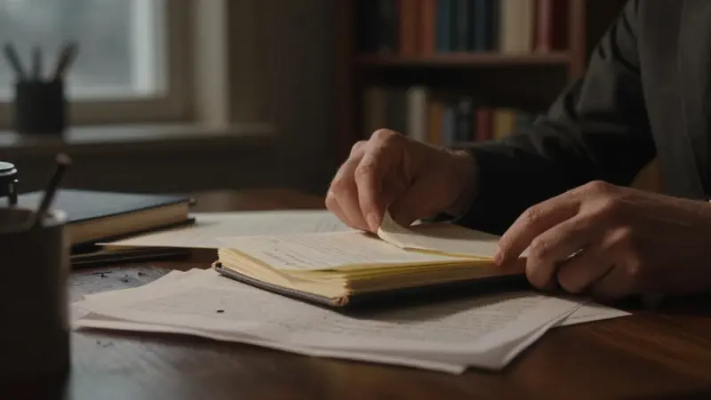 Manos de un psicólogo frustrado hojeando diarios de sueños y documentos de investigación en un escritorio lleno de libros, bajo una luz tenue y con una tormenta visible al fondo.