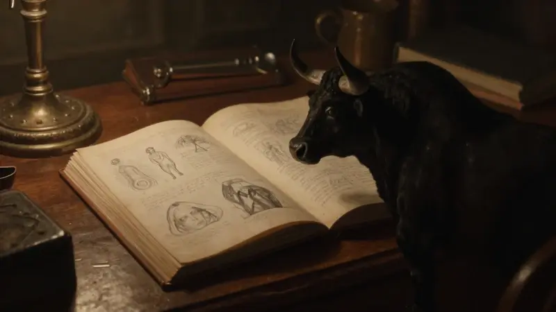 Silueta dramática de un toro sobre un estudio tenuemente iluminado con escritorio de madera antigua y un libro abierto con bocetos de análisis de sueños.