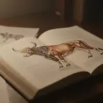 Estudio tenuemente iluminado con un libro de psicología abierto mostrando la anatomía de un toro, rodeado de apuntes y bocetos.