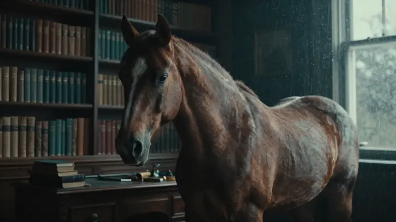 Caballo etéreo en un estudio antiguo con estanterías llenas de libros, iluminado por luz lateral dramática y con un ambiente melancólico.