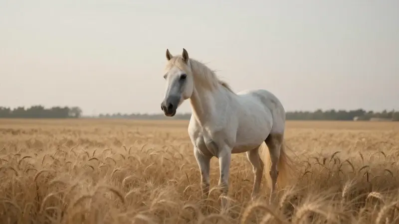 Caballo blanco solitario en un campo de trigo dorado, iluminado por la luz suave del atardecer.