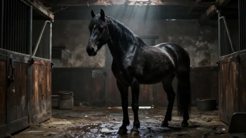 Caballo negro majestuoso en un establo sombrío, con iluminación dramática y ambiente melancólico.