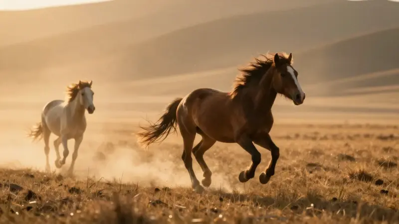 Caballos salvajes galopan a toda velocidad por una llanura polvorienta al atardecer, con una luz dorada y cálida.