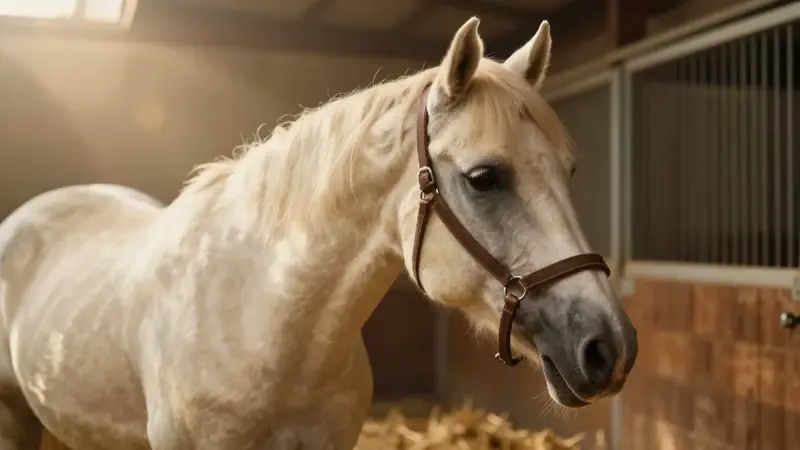 Caballo palomino bien cuidado en un establo cálido y luminoso, con amanecer filtrándose entre la paja.