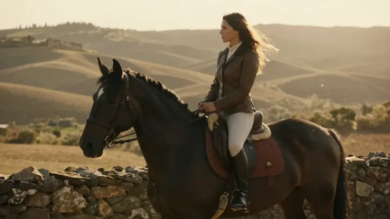 Mujer montando un caballo castaño en la campiña toscana durante la hora dorada.