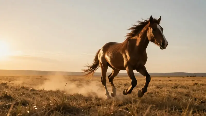 Caballos salvajes galopan libremente a través de una pradera bañada por la luz dorada de la tarde.