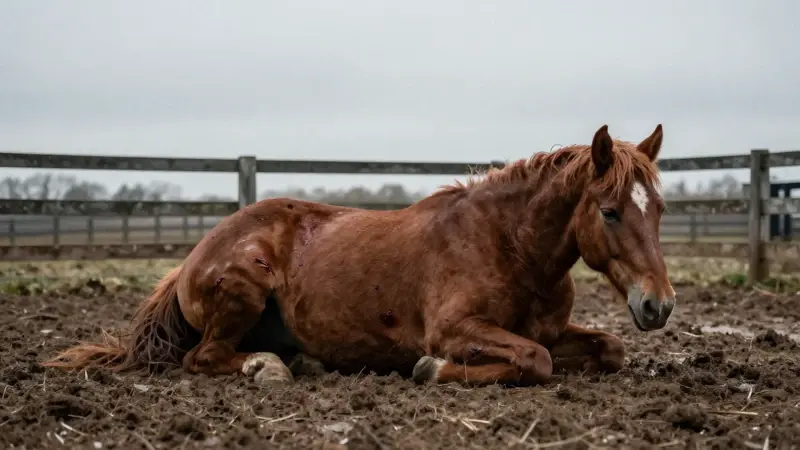 Caballo castaño herido y abatido en un potrero embarrado bajo un cielo nublado.