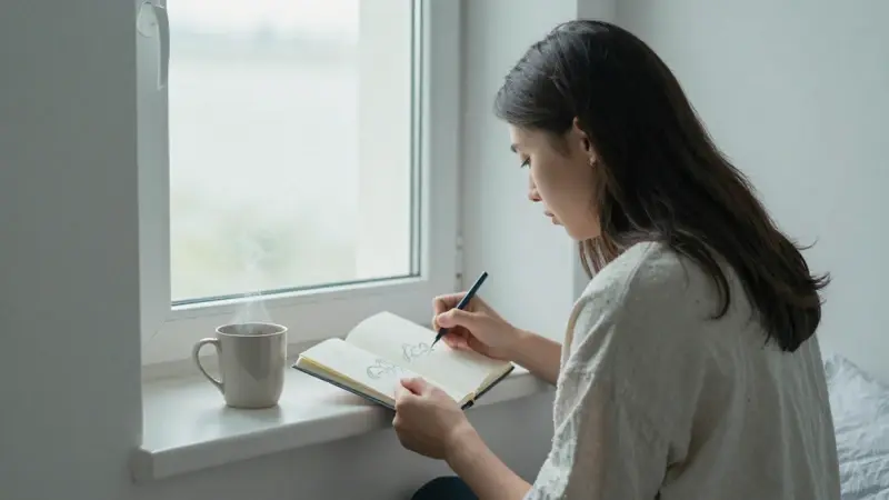 Mujer escribiendo en un diario junto a una ventana, con dibujos de caballos y una taza de café, en un ambiente sereno y luminoso.