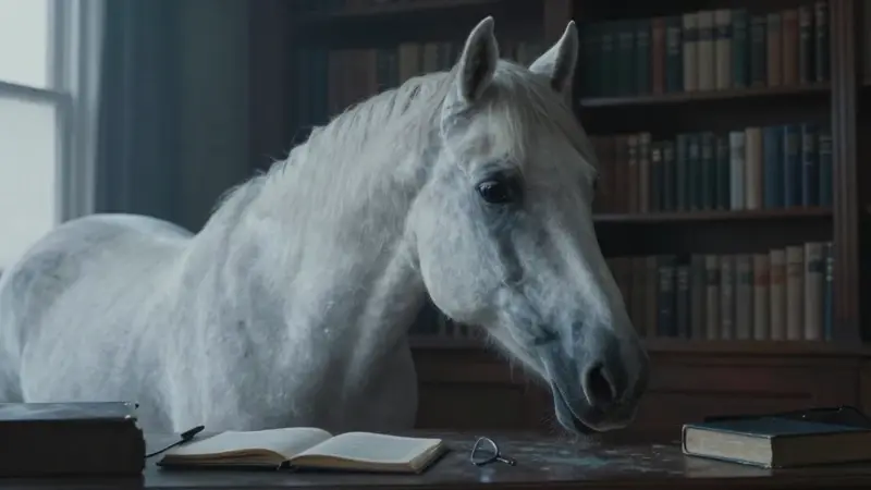 Retrato etéreo de un caballo en un estudio tenuemente iluminado, rodeado de estanterías llenas de libros y con un escritorio antiguo cubierto de diarios de sueños.