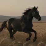 Caballo negro corriendo a través de un campo de trigo dorado al atardecer, con un ambiente melancólico y cinematográfico.