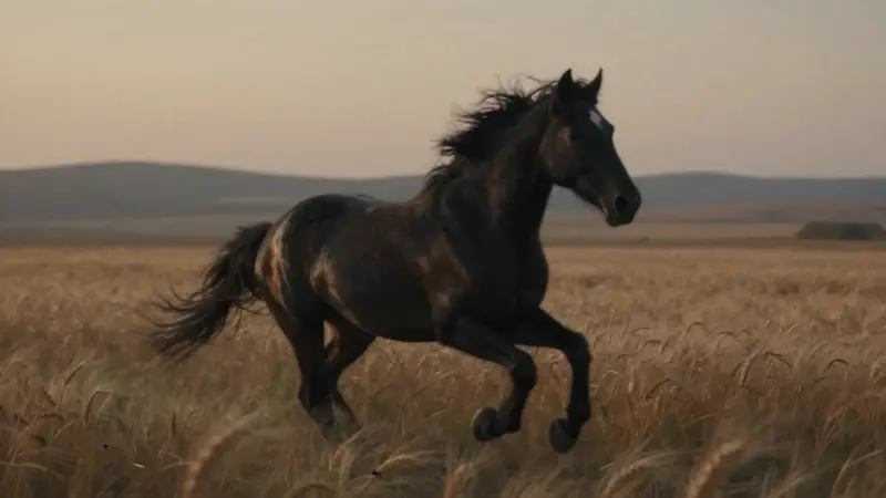 Caballo negro corriendo a través de un campo de trigo dorado al atardecer, con un ambiente melancólico y cinematográfico.