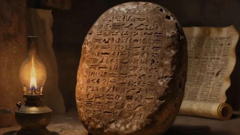 Un erudito asirio antiguo en una biblioteca de tablillas de arcilla iluminada por una lámpara de aceite, estudiando escritura cuneiforme.