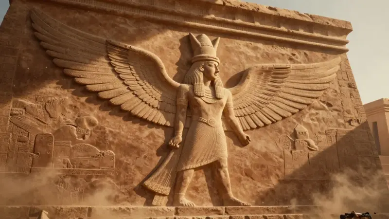 Relieve asirio estilizado que muestra una figura humana alada ascendiendo frente a un palacio monumental, con una luz cálida y detalles intrincados en las plumas y vestimenta.