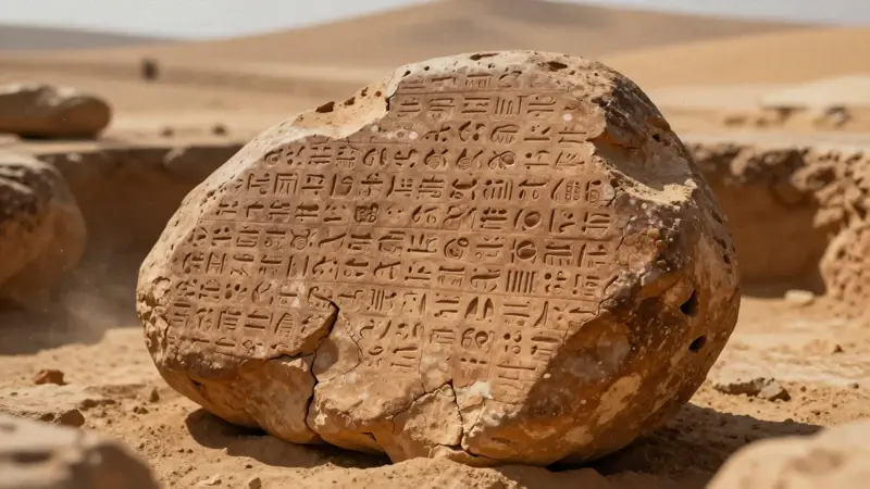Fragmentos de una tableta de arcilla asiria antigua con escritura cuneiforme, descubiertos en una excavación arqueológica en un desierto soleado.