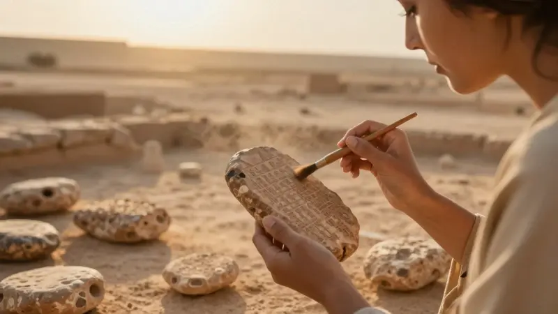 Arqueóloga examinando una tableta de arcilla asiria en un sitio de excavación en Mesopotamia, bajo la luz del amanecer.