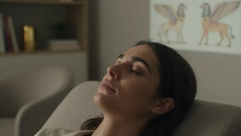 Mujer con los ojos cerrados en un ambiente de terapia, con una sutil proyección de un diagrama asirio de deidades aladas en la pared de fondo.