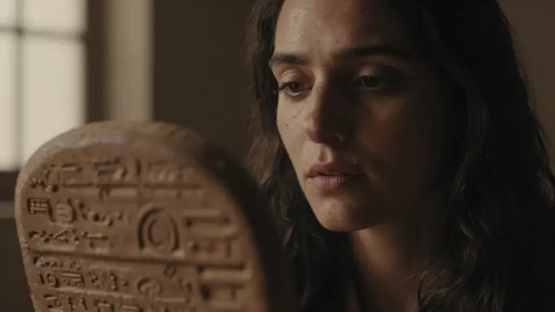 Primer plano del rostro pensativo de una mujer en un estudio tenuemente iluminado, con una tableta cuneiforme asiria desenfocada en primer plano.
