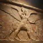 Relieve asirio antiguo que muestra una figura humana alada ascendiendo, tallada en piedra arenisca con tonos ocres y marrones.