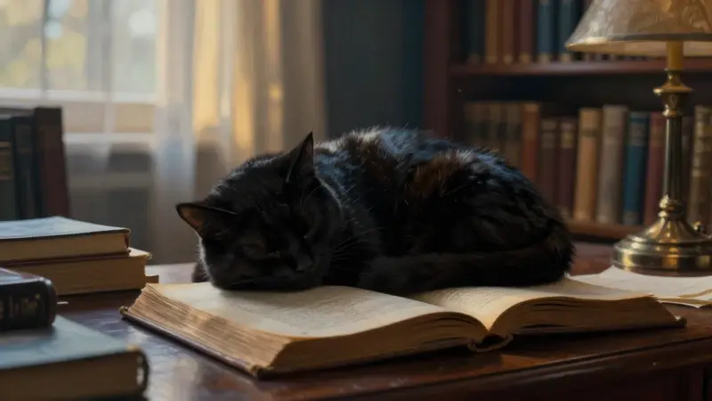 Gato negro durmiendo sobre un libro abierto de análisis de sueños en un estudio antiguo y lleno de libros.