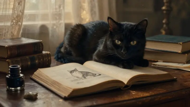 Gato negro descansando sobre un libro antiguo de ilustraciones felinas en un estudio tenuemente iluminado con objetos relacionados a los sueños y la escritura.