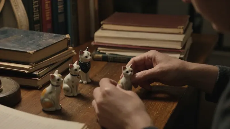 Manos clasificando delicadamente pequeñas figuras de porcelana con forma de gato en un estudio antiguo, rodeadas de libros de psicología y diarios de sueños.
