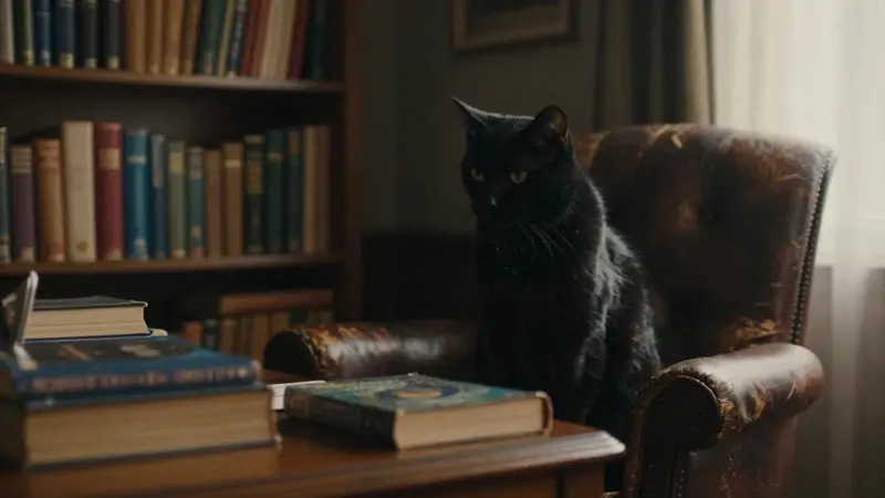 Gato negro sobre un sillón de cuero en un estudio antiguo con estanterías llenas de libros sobre psicología junguiana.