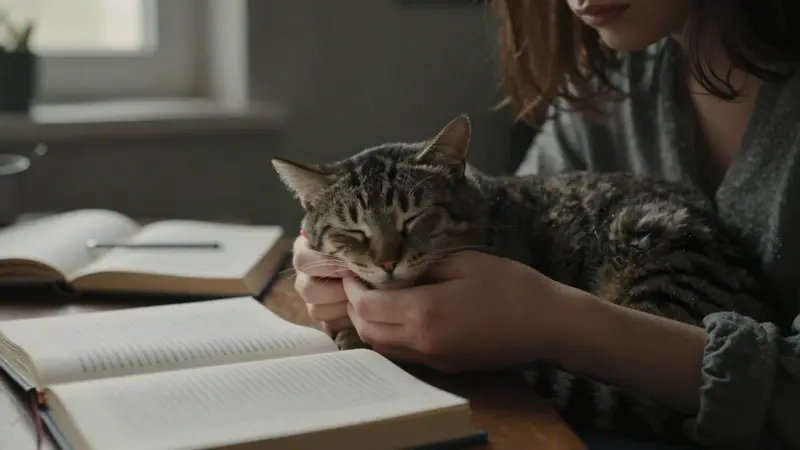 Manos sosteniendo suavemente un gato atigrado dormido, con cuadernos de sueños y libros de psicología abiertos en un estudio tenuemente iluminado.