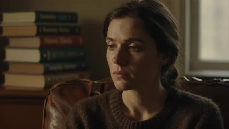 Mujer pensativa en un estudio con libros de psicología, posiblemente reflexionando sobre el simbolismo de los sueños.