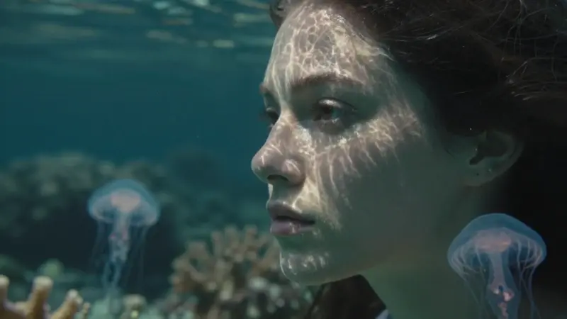 Retrato de una mujer mirando pensativamente bajo el agua, rodeada de medusas bioluminiscentes y un arrecife coralino difuso.