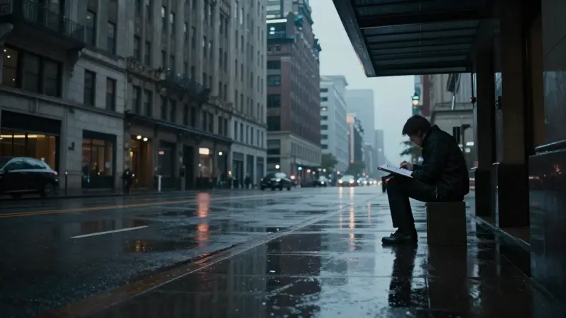 Calle urbana crepuscular con edificios art decó reflejados en charcos, mientras una persona dibuja bajo un toldo.