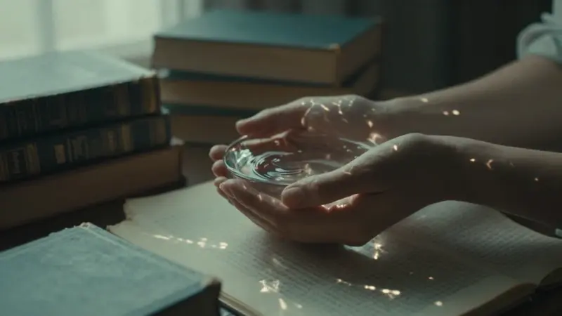 Manos sosteniendo agua clara en un ambiente íntimo y melancólico, rodeadas de libros antiguos y diarios de sueños.