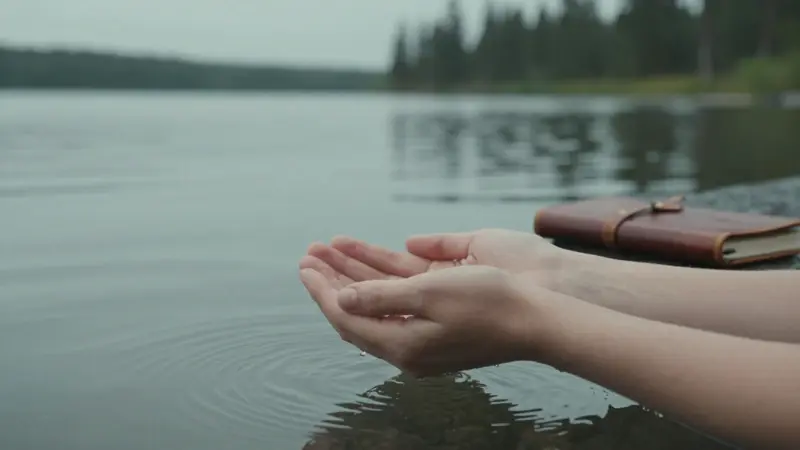 Manos sosteniendo agua clara en un entorno lacustre tranquilo, con un diario de sueños antiguo al lado.