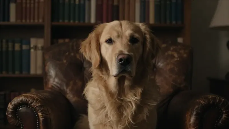 Golden retriever mirando fijamente en una biblioteca tenuemente iluminada, con estanterías repletas y un ambiente melancólico y contemplativo.