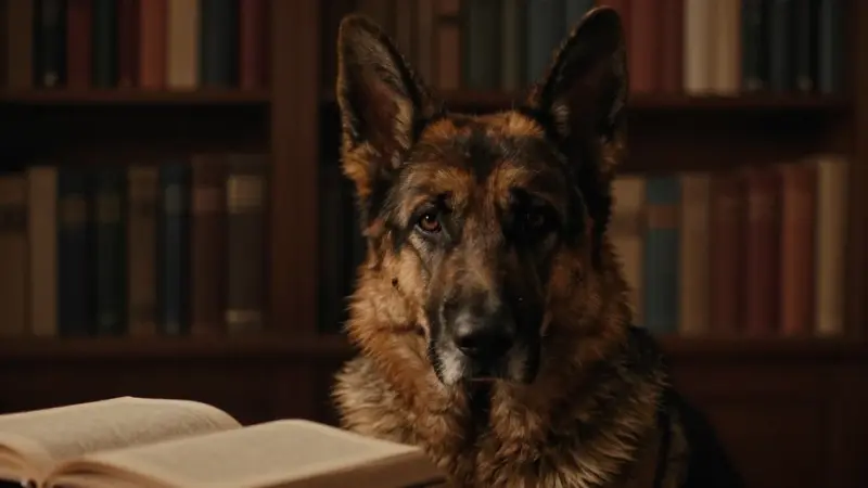 Retrato de un pastor alemán de mirada expresiva en un estudio con estanterías en penumbra. Ambiente melancólico y cálido con un libro abierto en primer plano.