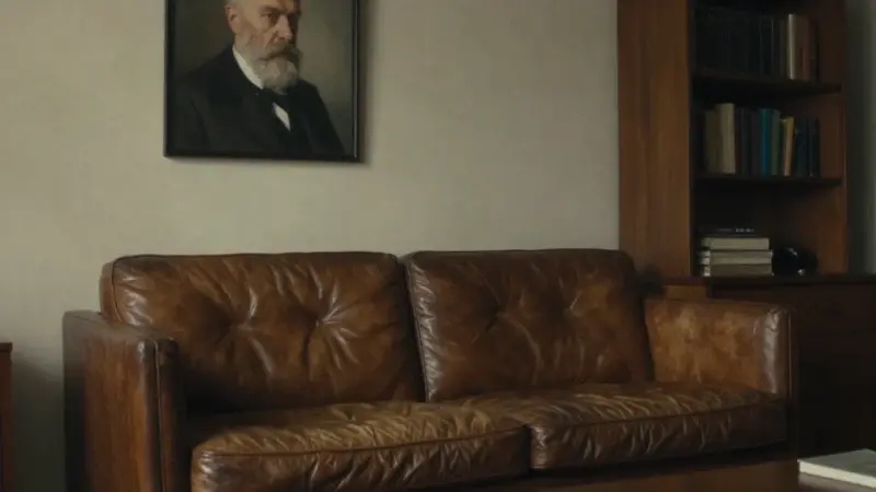 Diván de psicoanálisis en un consultorio de estilo mid-century modern, con un retrato de Sigmund Freud al fondo. Ambiente sobrio y contemplativo, iluminado por un foco.