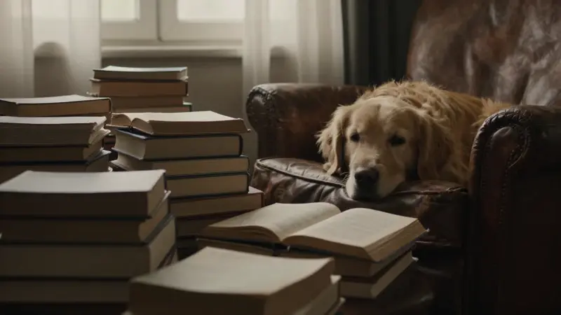 Un golden retriever descansa tranquilamente junto a una butaca de cuero en un estudio tenuemente iluminado, rodeado de libros abiertos sobre análisis de sueños.
