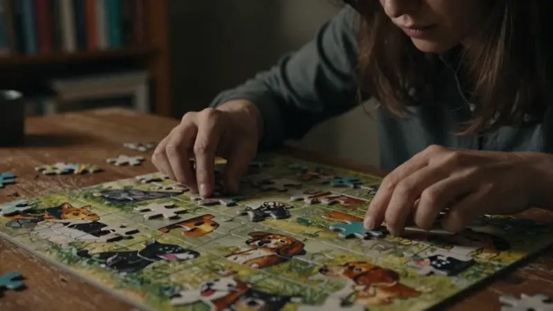 Manos femeninas sostienen piezas de un rompecabezas incompleto con imágenes de perros, sobre una mesa de madera en un estudio con estanterías borrosas al fondo.