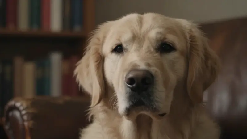 Primer plano de un golden retriever con expresión suave y curiosa, en un ambiente tenue que sugiere un estudio con libros y un sillón de cuero.