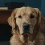 Primer plano de un golden retriever en un estudio antiguo con una iluminación melancólica.