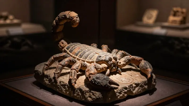 Talla en piedra mesoamericana antigua que representa un escorpión, expuesta en una vitrina de museo con iluminación tenue y ambiente misterioso.